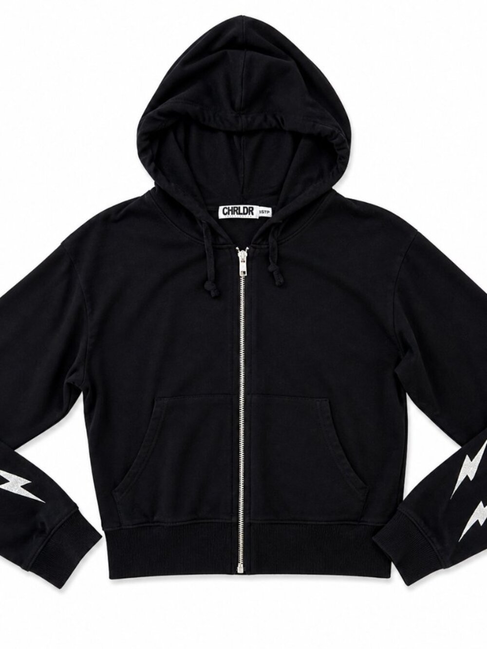 CHRLD Black Lightning Bolt Zip Hoodie Sparkle Sleeve XS